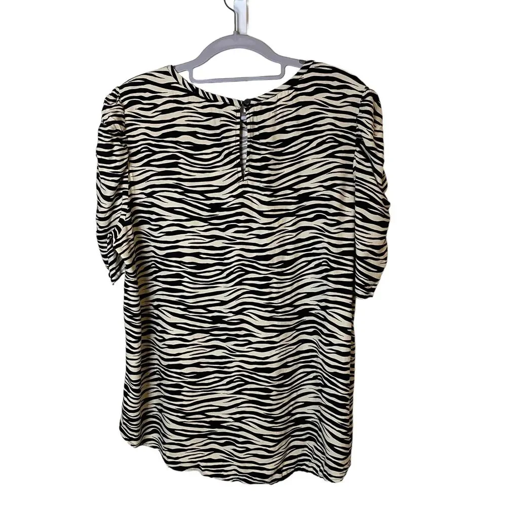 New LOFT Womens‎ Black Beige Zebra Print Cinched Puff Sleeve Size Large